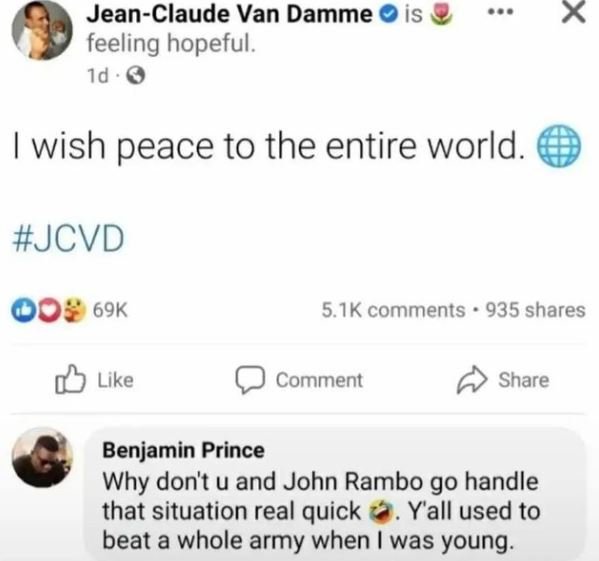 JeanClaude Van Damme is feeling hopeful. Id wish peace to the entire world. JCVD