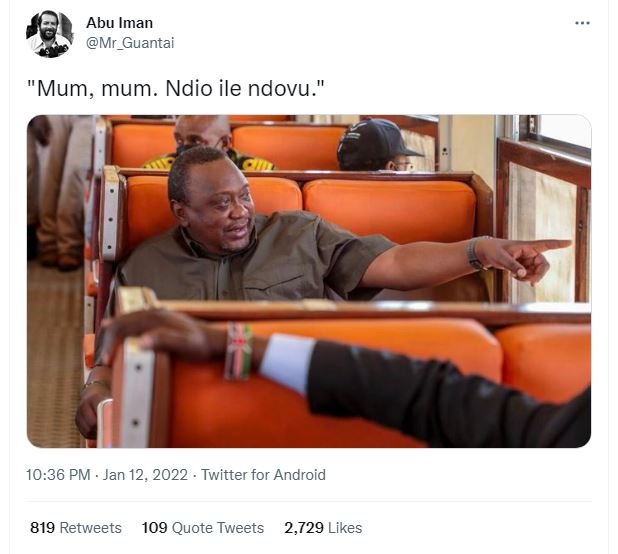 Abu Iman Mr_Guantai 'Mum, mum. Ndio ile ndovu.' 10.36 PM Jan 12. Twitter for And