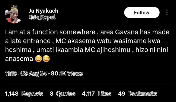 Ja nyakach a kopul follow lam at a function somewhere area gavana has made alate