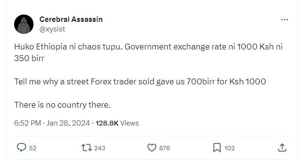Cerebral assassin xysist huko ethiopia ni chaos tupu. government exchange rate n