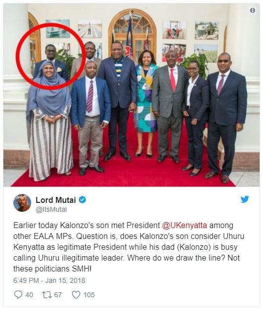Lord mutai itsmutai earlier today kalonzo's son met president ukenyatta among ot