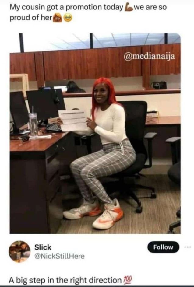 My cousin got a promotion today lwe are so proud of her medianaija slick nicksti