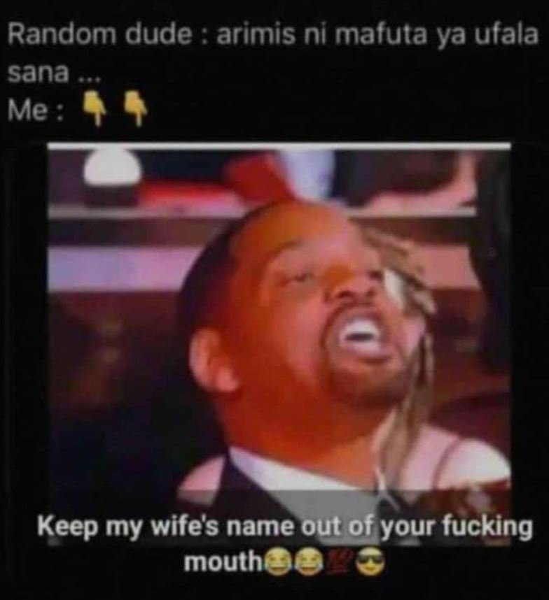 Random dude arimis ni mafuta ya ufala sana me keep my wifes name out of your fuc