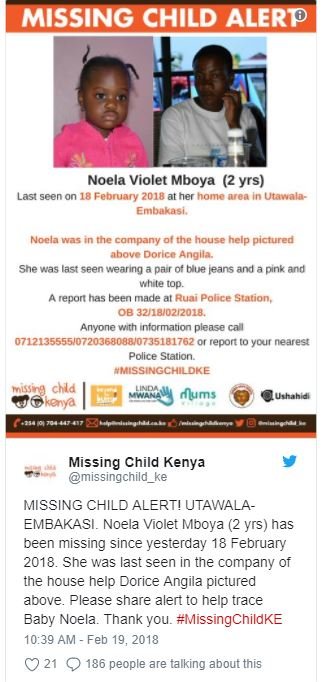 Missing child alert noela violet mboya 2 yrs las seen 0n 18 fepruar z01v at her