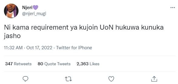 Njeri njeri_mugi ni kama requirement ya kujoin uon hukuwa kunuka jasho 11.32 am