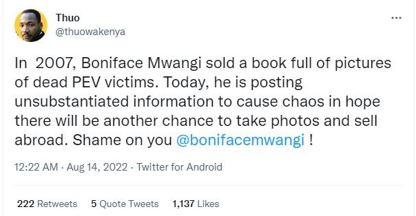 Thuo thuowakenya in , boniface mwangi sold a book full of pictures of dead pev v