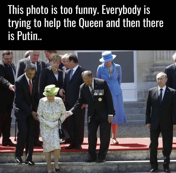This photo is too funny. everybody is trying to help the queen and then there is