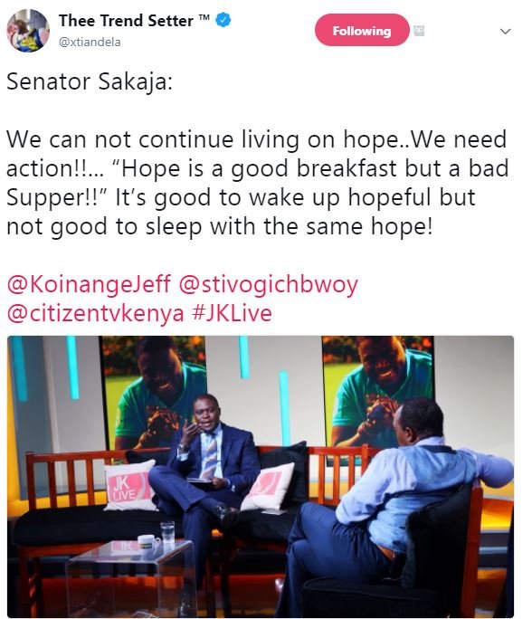 Thee trend setter xtiandela following senator sakaja we can not continue living