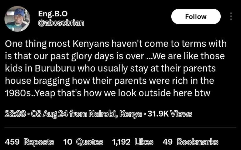 Eng. b.0 abosobrian follow one thing most kenyans haven't come to terms with is