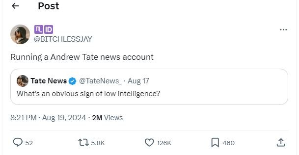 Post nid bitchlessjay running andrew tate news account tate news tatenews aug wh