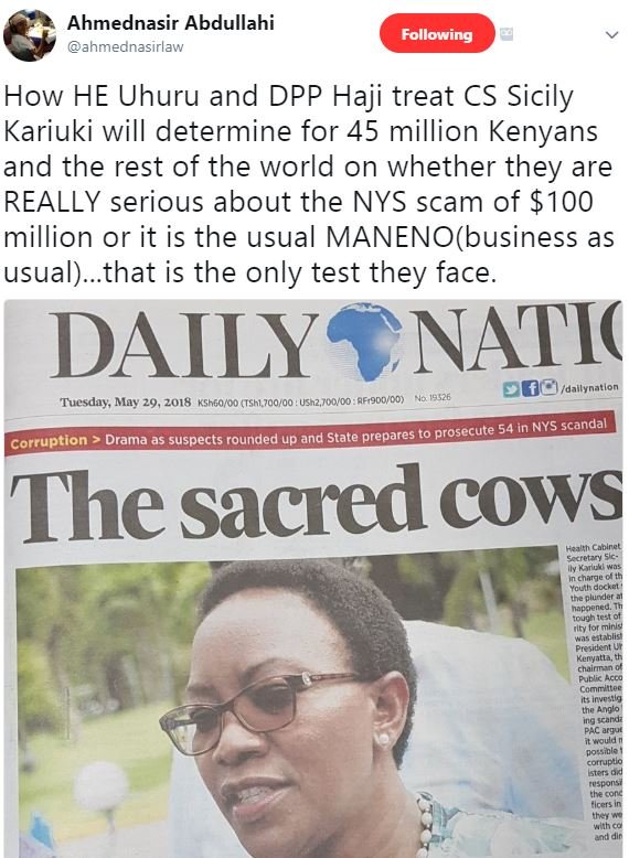 Ahmednasir abdullahi ahmednasirlaw following how he uhuru and dpp haji treat cs