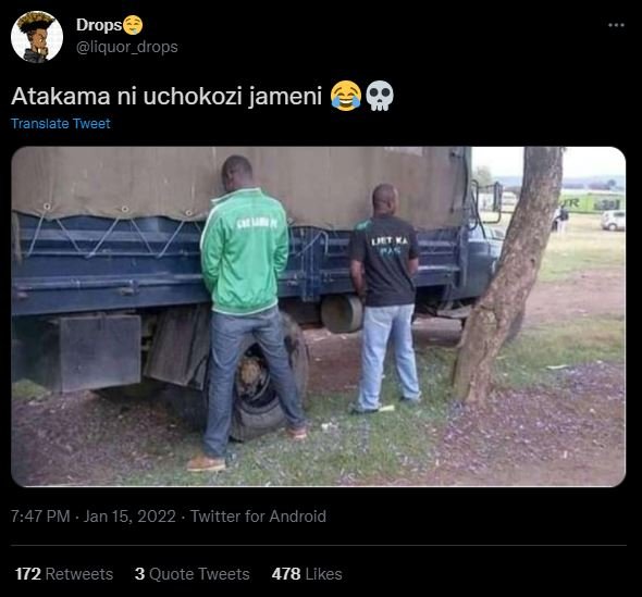 Drops liquor_drops Atakama ni uchokozi jameni Translate Tweet 7.47 PM Jan 15, Tw