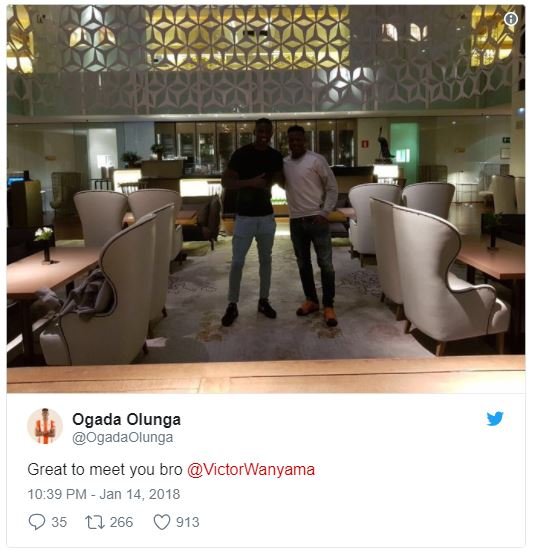 Ogada olunga ogadaolunga great to meet you bro victorwanyama 10.39 pm jan 14, 35