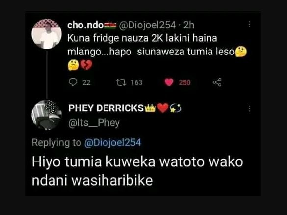 Cho ndo diojoel254 2h kuna fridge nauza 2k lakini haina mlango._hapo siunaweza t