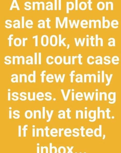 A small plot on sale at mwembe for 1ook, with a small court case and few family