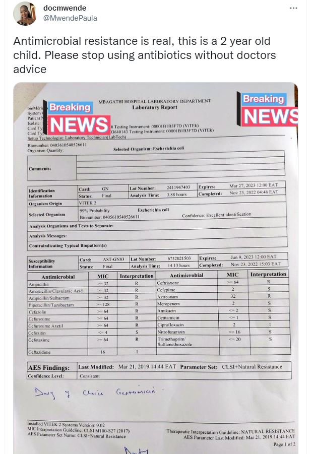 Docmwende mwendepaula antimicrobial resistance is real, this is a 2 year old chi