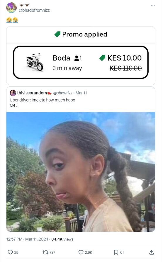 Bhadbfromnizz promo applied boda 21 3 min away kes 10.00 kes 410.00 thisissorand