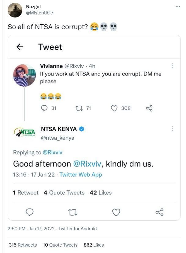 Nazgul MisterAlbie So all of NTSA is corrupt? Tweet Vivianne Rixviv 4h If you wo