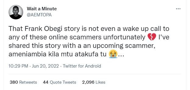 Wait a minute aemtopa that frank obegi story is not even a wake up call to any o