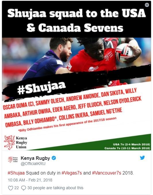 Shujaa squad to the usa canada sevens shujaa sikuta , willy amonde , dan oliech,