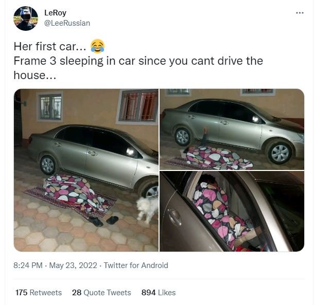 Leroy leerussian her first car. frame 3 sleeping in car since you cant drive the