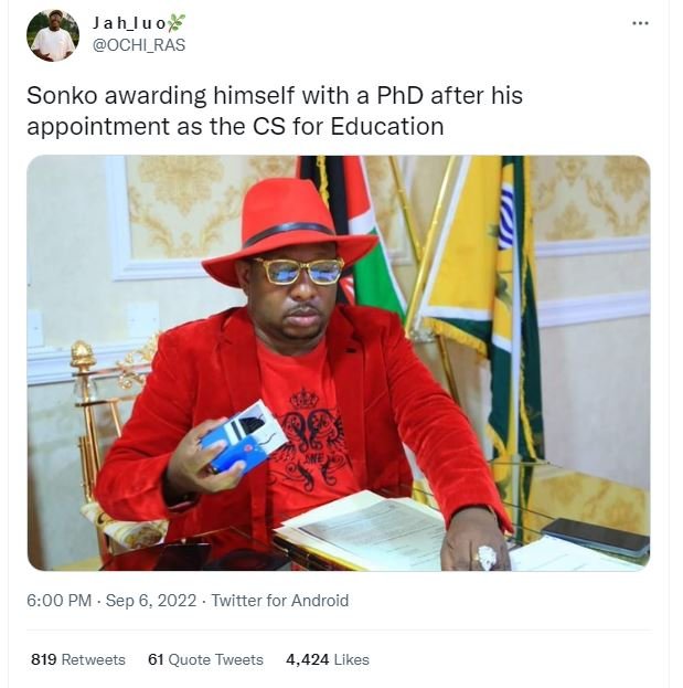 Jah_luor ochi_ras sonko awarding himself with a phd after his appointment as the