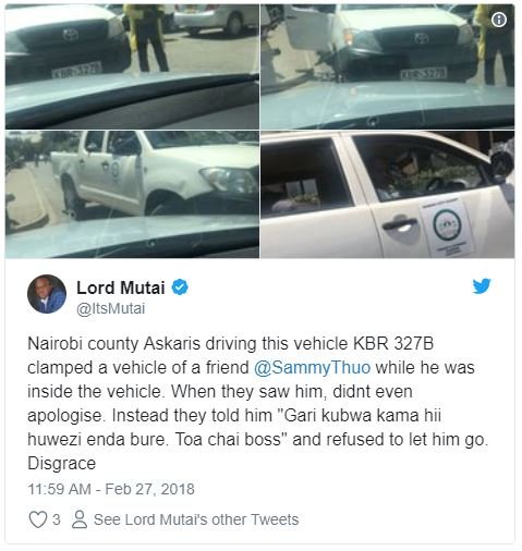 Lord mutai itsmutai nairobi county askaris driving this vehicle kbr 327b clamped