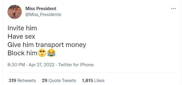 Miss president miss_presidente invite him have sex give him transport money bloc