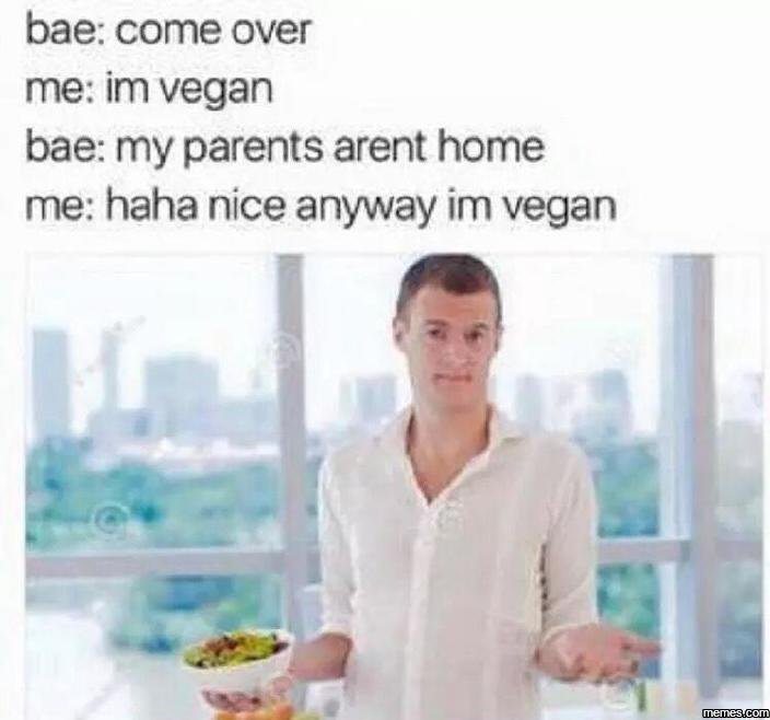 Bae come over me im vegan bae my parents arent home me haha nice anyway im vegan