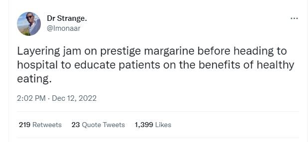 Dr strange_ imonaar layering jam on prestige margarine before heading to hospita