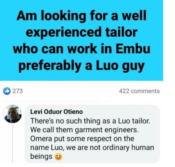 Am looking for a well experienced tailor who can work in Embu preferably a Luo g