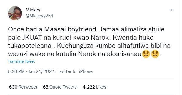 Mickey Mickeyy254 Once had a Maasai boyfriend. Jamaa alimaliza shule pale JKUAT
