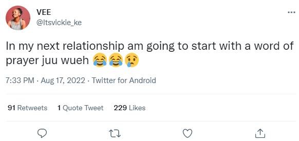 Vee itsvickie_ke in my next relationship am going to start with a word of prayer