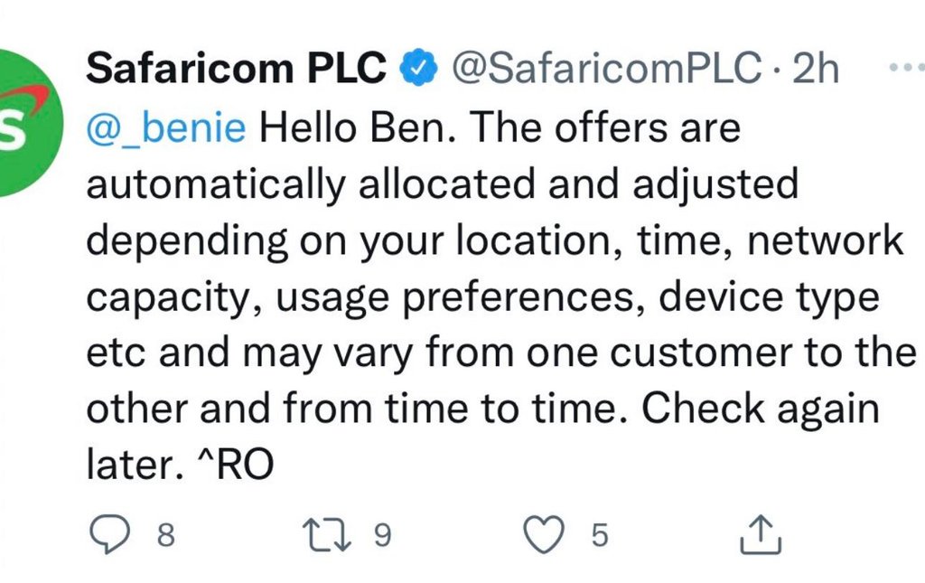 Safaricom plc safaricomplc . 2h 5 _benie hello ben. the offers are automatically