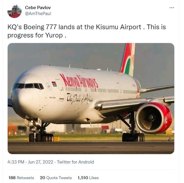 Cebe pavlov amthepaul kq's boeing 777 lands at the kisumu airport this is progre