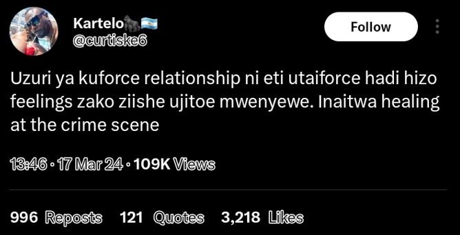 Kartelo gundskec follow uzuri ya kuforce relationship ni eti utaiforce hadi hizo