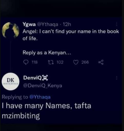 Ygwa ythaqa 12n angel can't find your name in the book of life. reply as a kenya