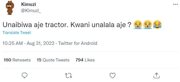 Kimuzi kimuzi unaibiwa aje tractor. kwani unalala aje ? fà4fà translate tweet 10