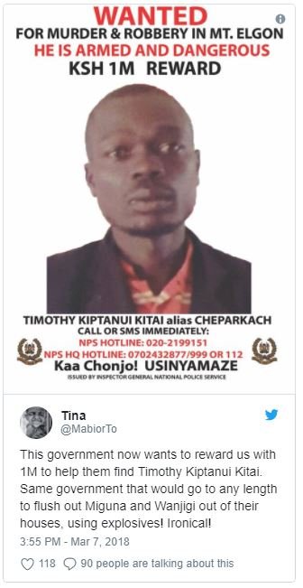 Wanted for murder robbery in mt. elgon he is armed and dangerous ksh 1m reward t