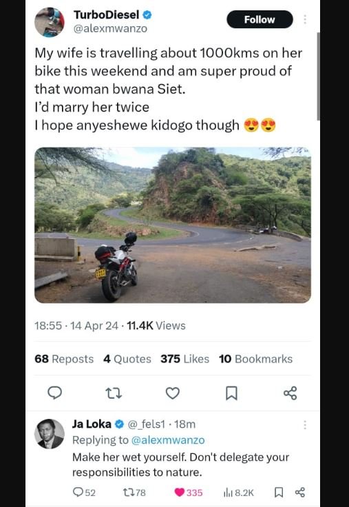 Turbodiesel alexmwanzo follow my wife is travelling about 1oookms on her bike th