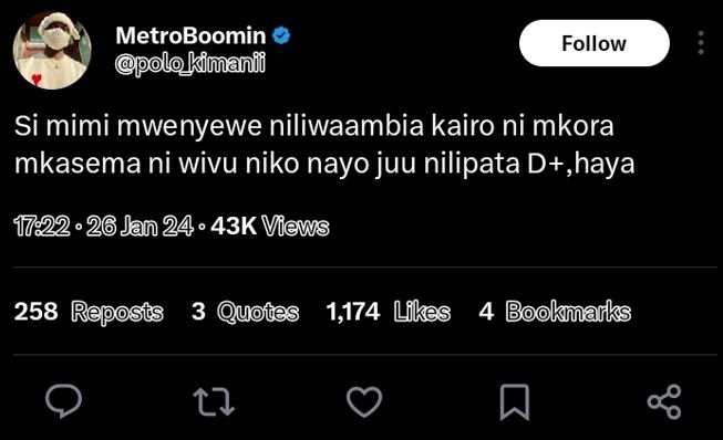 Metroboomin polokimanii follow si mimi mwenyewe niliwaambia kairo ni mkora mkase