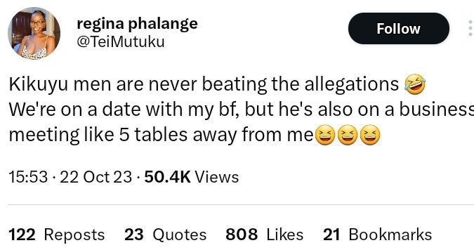 Regina phalange teimutuku follow kikuyu men are never beating the allegations we