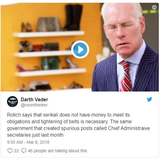 Darth vader roomthinker rotich says that serikali does not have money to meet it