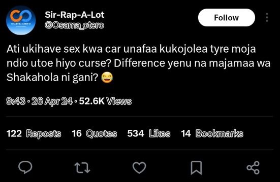 Sirrapalot osamaoteno follow ati ukihave sex kwa car unafaa kukojolea tyre moja