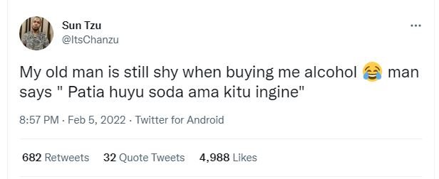 Sun Tzu ItsChanzu My old man is still shy when buying me alcohol says Patia huyu