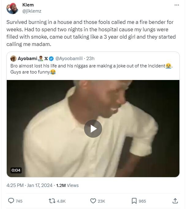 Klem jiklemz survived burning in a house and those fools called me a fire bender