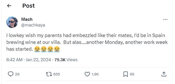 Post mach machkaya lowkey wish my parents had embezzled like their mates, i'd be