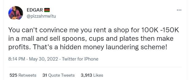 Edgar pizzahmwitu you can't convince me you rent a shop for 1ook 15ok in a mall