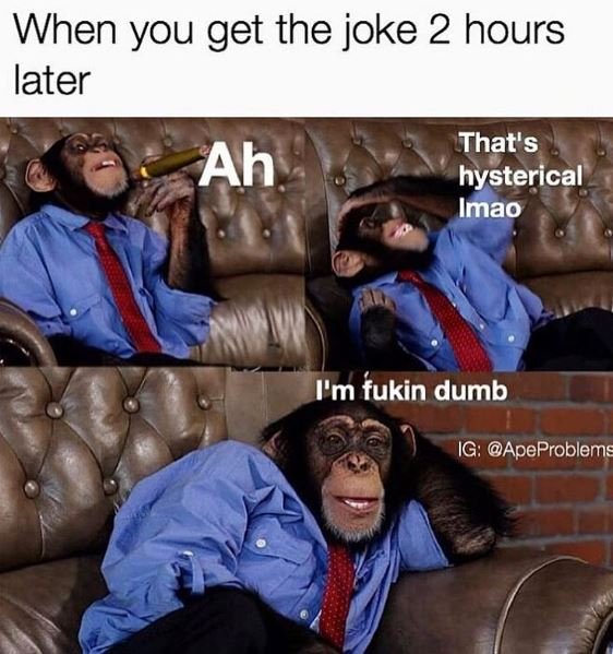 When you get the joke 2 hours later that's ah hysterical imao i'm fukin dumb ig