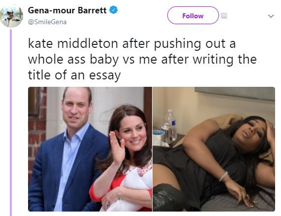 Genamour barrett smilegena follow kate middleton after pushing out whole ass bab